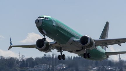 Un Boeing 737 Max décolle de l'aéroport de Renton, à Washington, le 22 mars 2019. (STEPHEN BRASHEAR / GETTY IMAGES NORTH AMERICA / AFP)