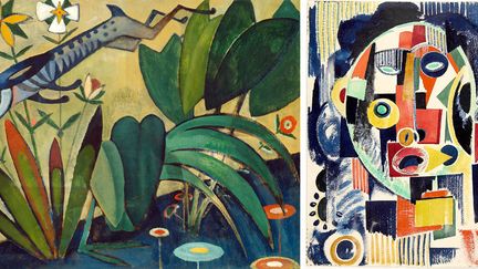 Amadeo de Souza-Cardoso, à gauche "Le Saut du lapin", 1911 -  à droite "Océan vermillon bleu tête" (continuités symboliques), vers 1915, Lisbonne, CAM / Fundação Calouste Gulbenkian
 (Photos Paulo Costa)