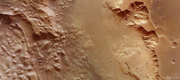 Le canyon&nbsp;Aurorae Chaos vue par la sonde Mars Express. (ESA / DLE / FU BERLIN)