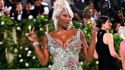 Aya Nakamura, l'artiste française la plus écoutée à l'étranger, a fait une apparition surprise pour son premier Met Gala.  Elle portait une robe longue fendue brodée de cristaux et de fleurs, clin d'œil au thème de la soirée mais aussi au défilé Balmain printemps-été 2024 où les bouquets régnaient en maître.  (MATT CROSSICK / MAXPPP)