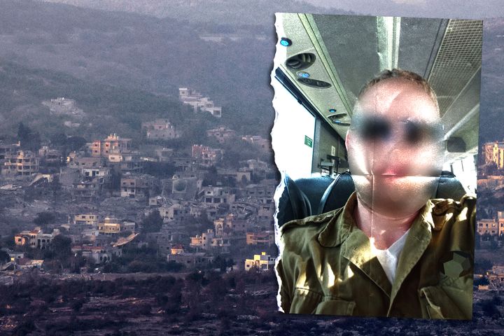 Amichai E., soldat israélien, a laissé un avis Google Maps dans un restaurant situé dans le village d'Aïta el-Chab (en arrière-plan) au Liban, largement détruit par l'armée israélienne durant le mois d'octobre 2024. (JALAA MAREY (AFP) / FRANCEINFO)