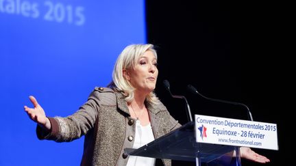 La pr&eacute;sidente du Front national Marine Le Pen, lors d'une convention de son parti, le 28 f&eacute;vrier 2015, &agrave; Paris. (CITIZENSIDE / JALLAL SEDDIKI / AFP)