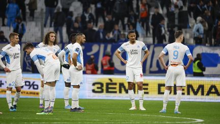 Les joueurs marseillais lors du match entre l'OM et Clermont en Ligue 1 au stade Vélodrome, le 20 février. (FREDERIC SPEICH / MAXPPP)