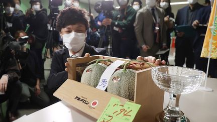 Les deux melons vendus près de 20 000 euros, le 24 mai 2021 à Sapporo (Japon). (JIJI PRESS / AFP)