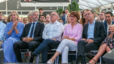 Laurent Wauquiez, Eric Ciotti, Annie Genevard et Bruno Retailleau, à Valence (Drôme), le 23 novembre 2023. (NICOLAS GUYONNET / HANS LUCAS / AFP)