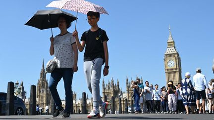 Deux personnes se protègent de la chaleur lors d'un épisode de fortes chaleurs à Londres (Royaume-Uni), le 30 juillet 2024. (RASID NECATI ASLIM / ANADOLU / AFP)