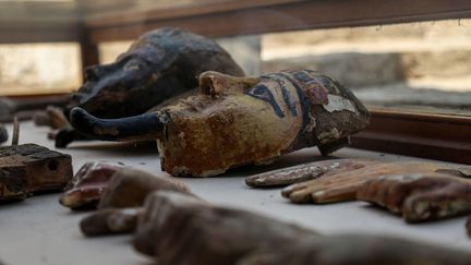 ont été faites dans la nécropole de Draa Aboul Naga, près de Louxor (sud), réputée pour ses tombes et temples anciens. La tombe de «l'orfèvre d'Amon, Amenemhat» renfermait une statue de lui assis sur une chaise à côté de sa femme portant une robe et une perruque. Un portrait de leur fils a été peint entre les deux. Un passage funéraire dans la tombe conduit à une salle où les archéologues ont découvert plusieurs momies, des statues funéraires et des masques. Un autre couloir mène à une salle où l'équipe a trouvé les momies d'une femme et de ses deux enfants. La femme semble être décédée à l'âge de 50 ans et des tests montrent qu'elle souffrait d'une maladie bactérienne dans les os. Les archéologues ont également découvert 150 petites statues funéraires taillées dans le bois, la terre et la roche calcaire. (IBRAHIM RAMADAN / ANADOLU AGENCY/AFP)