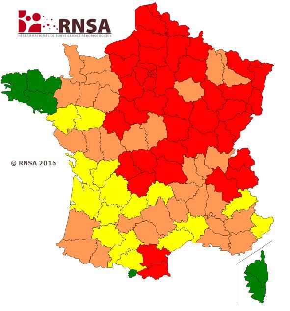 La carte de vigilance aux pollens du RNSA, valable du 15 au 22 avril 2016. (RNSA)