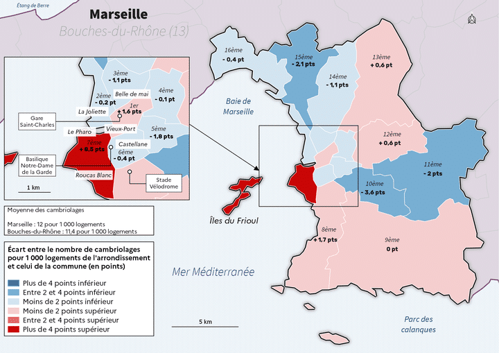 Cambriolages de logements enregistrés dans les arrondissements de Marseille en 2022. (SSMI)