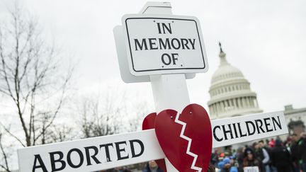 Un manifestant porte une pancarte en forme de croix où est écrit "En mémoire des enfants avortés". (SAMUEL CORUM / ANADOLU AGENCY / AFP)