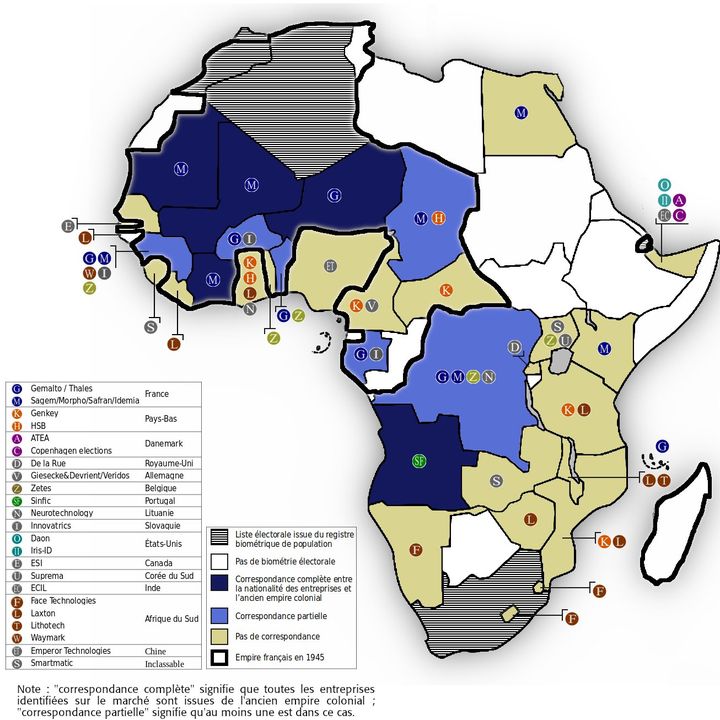 Présence d’Idemia (M) pour chaque recensement biométrique électoral et corrélation entre nationalité des entreprises et ancienne puissance coloniale. (MARIELLE DEBOS ET GUILLAUME DESGRANGES, POUR AFRIQUEXXI)