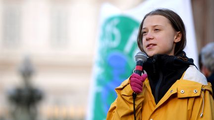 La militante écologiste Greta Thunberg lors d'une marche pour le climat à Turin (Italie), le 13 décembre 2019. (FILIPPO MONTEFORTE / AFP)