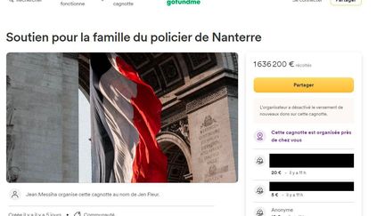 La cagnotte de soutien à la famille du policier auteur du tir mortel sur Nahel a récolté plus d'un million et demi d'euros en cinq jours. (CAPTURE D'ECRAN / PAULINE LE NOURS)