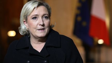 La présidente du Front national, Marine Le Pen, à l'issue d'une réunion avec le président de la République Emmanuel Macron à l'Elysée, le 21 novembre 2017 à Paris.&nbsp; (LUDOVIC MARIN / AFP)