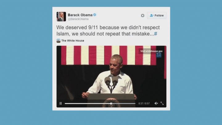 Capture d'écran d'un faux tweet de Barack Obama. (FRANCEINFO)