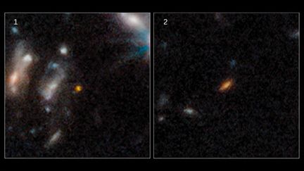 Deux des galaxies les plus éloignées vues à ce jour des régions extérieures de l'amas de galaxies géantes Abell 2744 vues par le téléscope James Webb. (HANDOUT / ESA, NASA, CSA, STSCI via AFP)