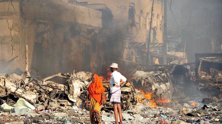 Une bombe a explosé dans un quartier de Mogadiscio (Somalie), samedi 14 octobre 2017. (MOHAMED ABDIWAHAB / AFP)