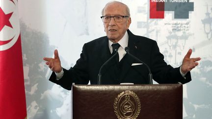 Le président Beji Caïd Essebsi prononce un discours au musée du Bardo à l'occasion de la célébration du 8e anniversaire de la révolution tunisienne. (TUNISIAN PRESIDENCY / AFP)