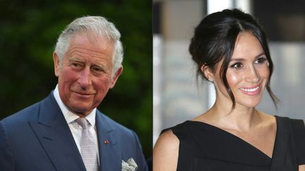 Le prince Charles, le 8 mai 2018 à Lyon, et Meghan Markle, le 19 avril 2018 à Londres. (JEAN-PIERRE AMET / AFP)