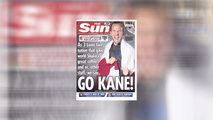 La couverture du journal anglais "The Sun", daté du 3 juillet 2018, avec l'attaquant Harry Kane en une pour annoncer le match de Coupe du monde entre l'Angleterre et la Colombie. (THE SUN / FRANCEINFO)