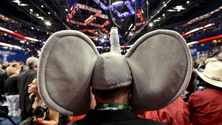 Autre "fashion hit" de cette convention r&eacute;publicaine, le chapeau &agrave; trompe et grandes oreilles. L'essentiel n'est pas d'avoir l'air intelligent mais bien de signifier son appartenance au parti r&eacute;publicain dont l'&eacute;l&eacute;phant est l'embl&egrave;me.&nbsp; (JUSTIN LANE / MAXPPP)