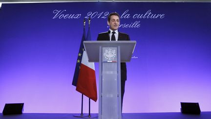 Nicolas Sarkozy lors de ses v&oelig;ux au monde de la culture, le 24 janvier 2012 &agrave; Marseille. (GUILLAUME HORCAJUELO / AFP)