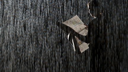 Lire le journal sous la pluie? Une activit&eacute; possible dans cette installation intitul&eacute;e "Rain Room" et install&eacute;e au Barbican Center de Londres (Royaume-Uni) qui simule &agrave; la perfection une averse qui ne mouille pas, le 3 octobre 2012. (LEON NEAL / AFP)