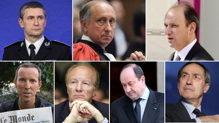 De gauche &agrave; droite et de haut en bas : Fr&eacute;d&eacute;ric P&eacute;chenard, Philippe Courroye, David S&eacute;nat, G&eacute;rard Davet, Brice Hortefeux, Bernard Squarcini, Claude Gu&eacute;ant.&nbsp; (AFP)