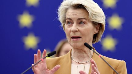 The President of the European Commission, Ursula von der Leyen, at the European Parliament in Strasbourg, February 6, 2024. (FREDERICK FLORIN / AFP)