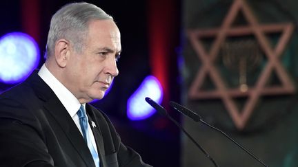 Le Premier ministre israélien Benyamin Nétanyahou prononce son discours à Jérusalem, jeudi 23 janvier 2020. (ALEKSEY NIKOLSKYI / SPUTNIK / AFP)