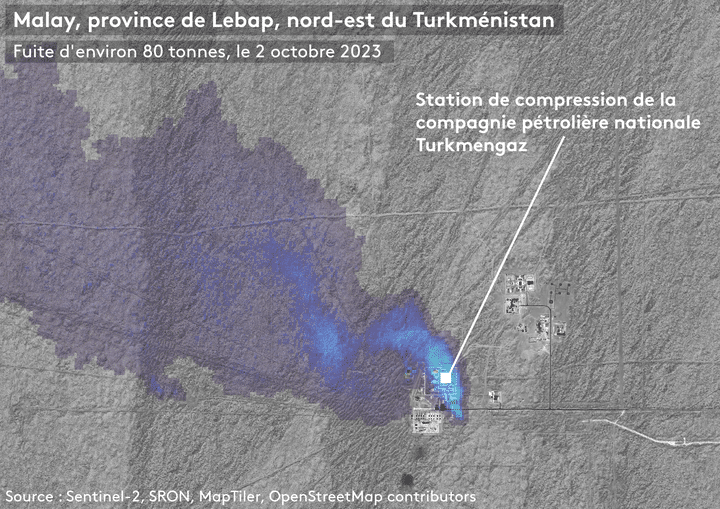 Une fuite de gaz provenant d'une station de compression du champ gazier de Malay (Turkménistan), le 2 octobre 2023. (LEA PRATI / FRANCEINFO)