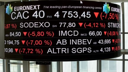 &nbsp;Au siège d'Euronext, à la Défense, près de Paris, le 9 mars 2020. (ERIC PIERMONT / AFP)