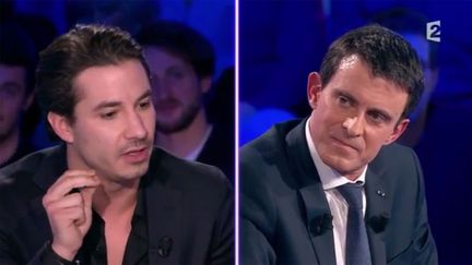 &nbsp; (Jérémy Ferrari et Manuel Valls sur le plateau de "On n'est pas couché", samedi soir (capture d'écran France 2))