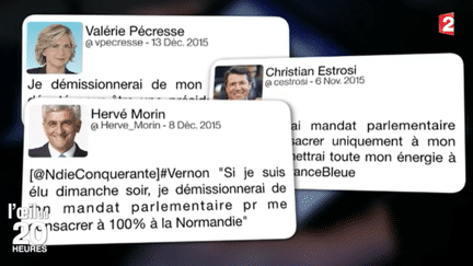 Des tweets de candidats aux élections régionales promettant de ne pas cumuler des mandats. (France 2)