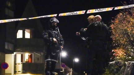 La police intervient après une attaque à l'arc et aux flèches à Kongsberg, en Norvège, le 13 octobre 2021. (HAKON MOSVOLD LARSEN / NTB / AFP)