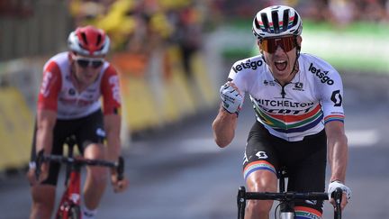 Le Sud-Africain Daryl Impey (à droite), dimanche 14 juillet 2019 lors de l'arrivée de la neuvième étape du Tour de France à Brioude (Haute-Loire). (MARCO BERTORELLO / AFP)