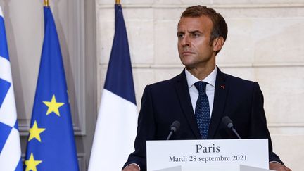 Emmanuel Macron donne une conférence de presse à Paris le 28 septembre 2021. (LUDOVIC MARIN / AFP)