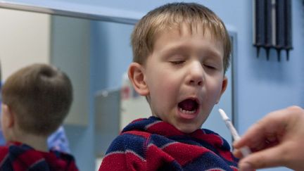 Un enfant de 3 ans vient de recevoir un vaccin en spray contre la grippe H1N1, &agrave; Omaha (Nebraska, Etats-Unis) en 2009. (NATI HARNIK / AP /SIPA)