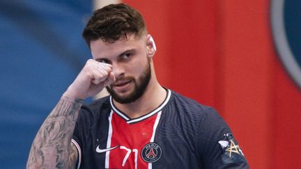 &nbsp;Elohim Prandi, joueur du Paris Saint-Germain, face à Kiel le 19 mai 2021.&nbsp; (YOAN VALAT / EPA /MaxPPP)