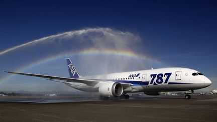 Un Boeing 787 Dreamliner de la All Nippon Airways, sous un arc-en-ciel, le 1er octobre 2012, &agrave; Seattle (Etats-Unis). (TED S. WARREN / AP / SIPA)