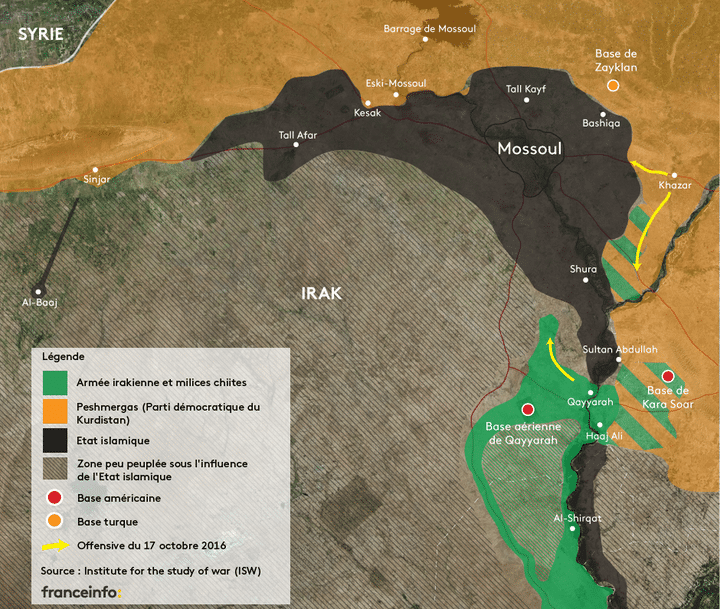 Carte des forces en présence dans la région de Mossoul au 17 octobre 2016. (NICOLAS ENAULT / ISW)