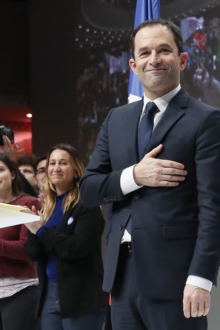 Benoît Hamon lors son investiture officielle en tant que candidat du Parti socialiste à l'élection présidentielle, le 5 février 2017 à Paris (THOMAS SAMSON / AFP)