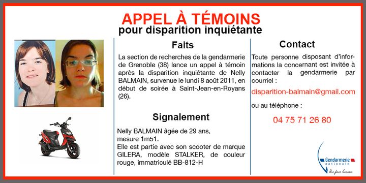 L'appel à témoins concernant la disparition inquiétante de Nelly Balmain, le 8 août 2011 (GENDARMERIE NATIONALE)