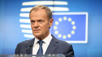 Le président du Conseil européen, Donald Tusk, lors d'une conférence de presse à Bruxelles, le 18 octobre 2019. (DOMINIKA ZARZYCKA / NURPHOTO / AFP)