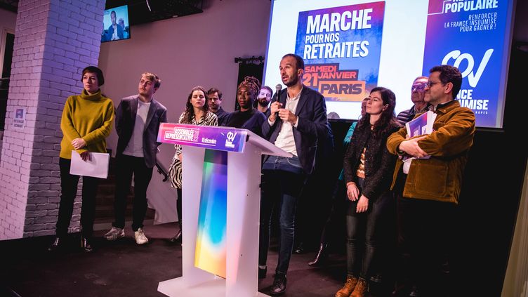 Manuel Bompard and other leaders of La France insoumise, during a press conference in Paris, December 10, 2022. (CHANG MARTIN/SIPA / SIPA)