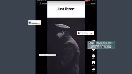 Captures d'écran de vidéos et de commentaires sur TikTok tentant de réhabiliter Adolf Hitler via des discours tronqués, des images d'archives ou des musiques générées par IA. (TikTok)