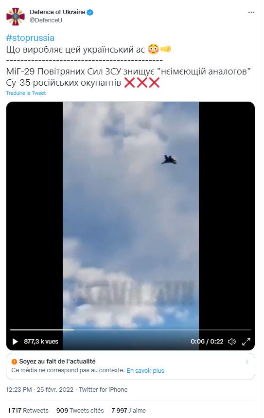 Sur Twitter, le ministère de la Défense ukrainien a relayé une vidéo d'un combat aérien extrait du jeu "Digital Combat Simulator". (CAPTURE ECRAN TWITTER)