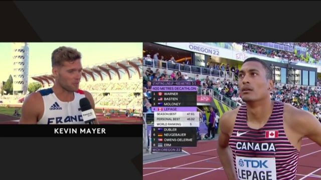 Kevin Mayer est revenu au micro de Nelson Monfort sur la première journée de son décathlon lors de ces Championnats du monde d'Eugene. Le Français occupe pour l'instant la sixième place avec 4372 points après les cinq premières épreuves et a déclaré qu'il se battait pour le titre.