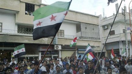 Des manifestants anti-r&eacute;gime &agrave; Qubani, pr&egrave;s d'Alep (Syrie), le 21 mai 2012. (RAAD AL FARES / SHAAM NEWS NETWORK / REUTERS)