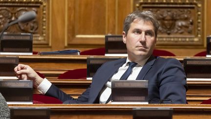 Le sénateur ardéchois Mathieu Darnaud, au Sénat, le 10 mars 2023. (VINCENT ISORE / IP3 PRESS / MAXPPP)